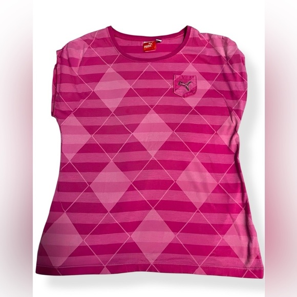 Puma Tops - Puma Women’s Ruched T Shirt Pink Striped Short Sleeve Size Medium NWOT